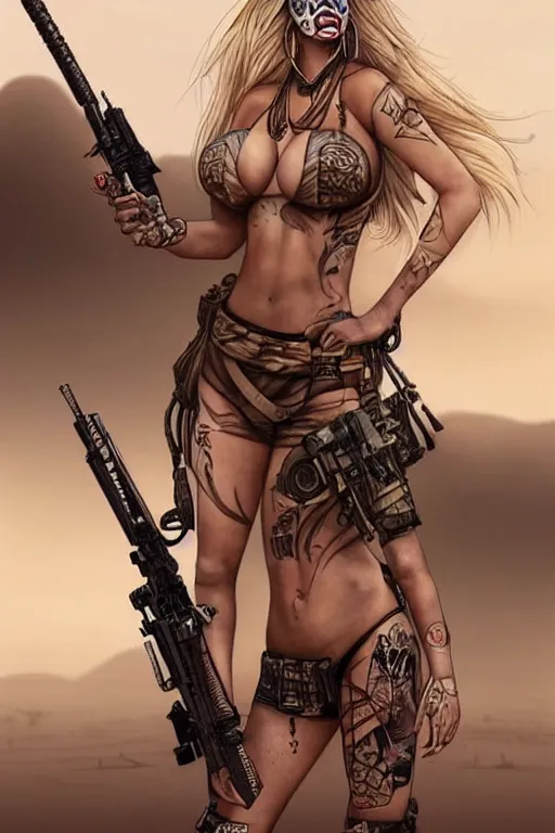Image similar to gorgeous!! hyper - realistic woman resembling kate upton as a post - apocalyptic warrior girl with tattoos & tribal face paint, bikini + tattered military gear, holding a rocket launcher!!! standing in the desert next to a military vehicle | drawn by wlop, drawn by jeehyung lee, drawn by artgerm | smooth, sharp focus, intricate