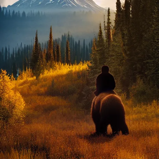 Image similar to back of bob ross riding on the back of brown bear in alaska at fall season, outdoor lighting, realistic, photo, national geographic photo, volumetric, fog