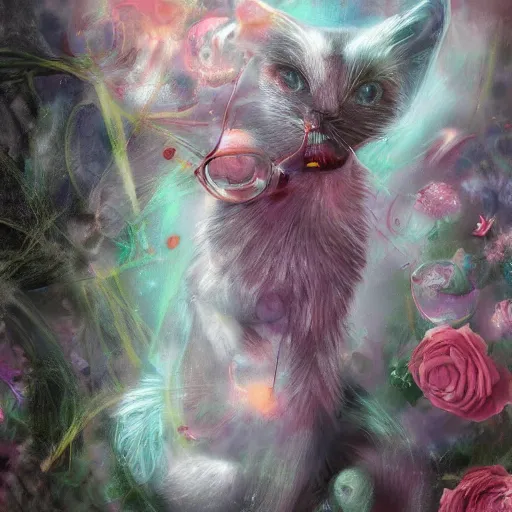 Prompt: elokitty, cat. digital painting, extremely detailed masterpiece, Trending on Artstation, DeviantArt, cinematic lighting, dreamscape maximized, ethereal bubbles, vibrant mood, rose tones, concept art, smooth illustration, —h 1024