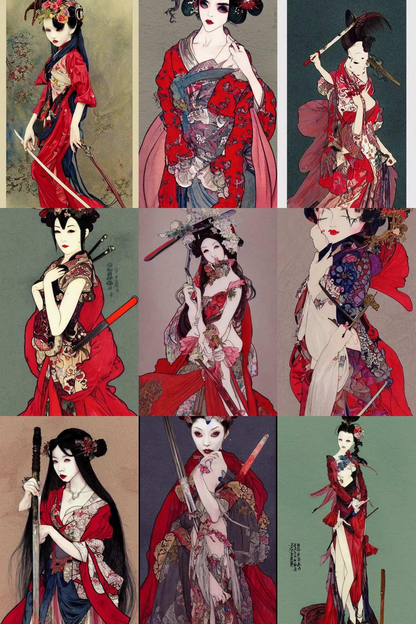 Prompt: watercolor painting avant - garde vogue fashion portrait of an japanese bjd geisha vampire queen with a long neck holding a sword in a victorian lolitafashion red dress in the style of dark - fantasy painted by alphonse mucha nekro, intricate detail, artstation, artgerm, rococo