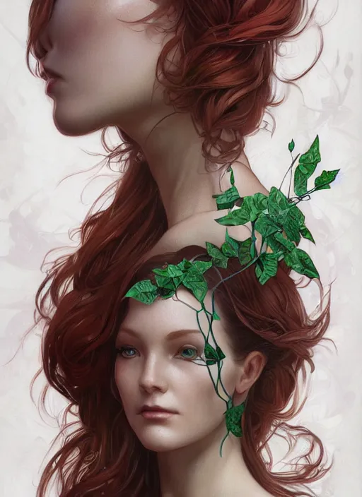 Image similar to symmetry!! poison ivy, machine parts embedded into face, intricate, elegant, highly detailed, digital painting, artstation, concept art, smooth, sharp focus, illustration, art by artgerm and greg rutkowski and alphonse mucha, 8 k