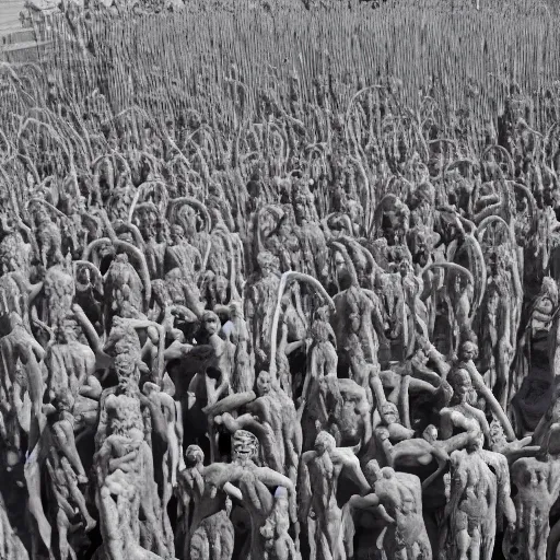 Prompt: hundreds of humans. A sea of humans. interconnected flesh. Crowdcrush. Many humans intertwined and woven together. Bodies and forms amesh. Sculpture by Alberto Giacometti.