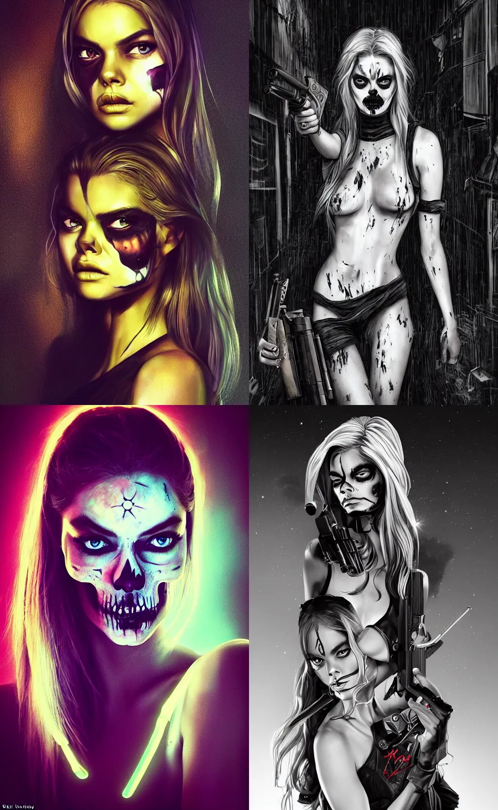 Image similar to in the style of artgerm, Samara Weaving with skull paint on her face, holding a shotgun, standing in a dark alley, night, neon
