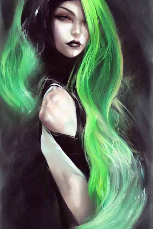 Prompt: woman with green hair wearing a black t - shirt with a cool design, by ross tran, oil on canvas