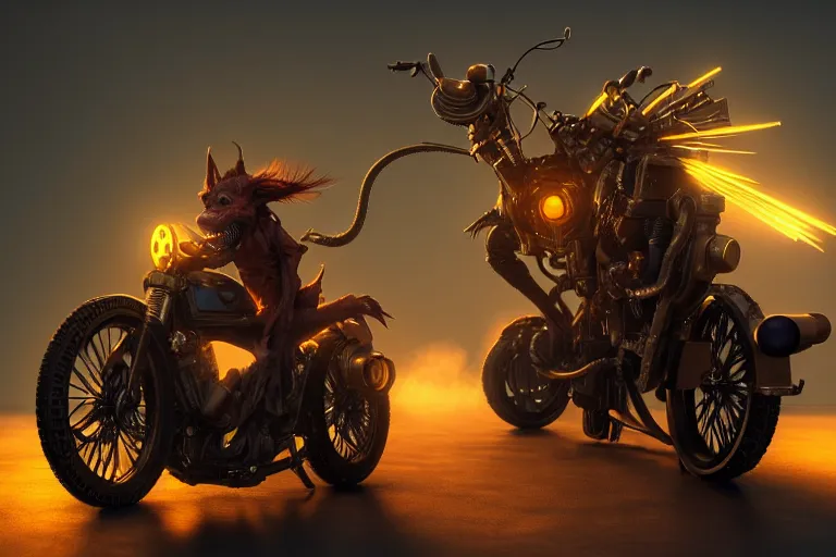 Image similar to a goblin riding a steampunk motorcycle, volumetric light, epic lighting, hyperdetailed, artstation, cgsociety, 8k