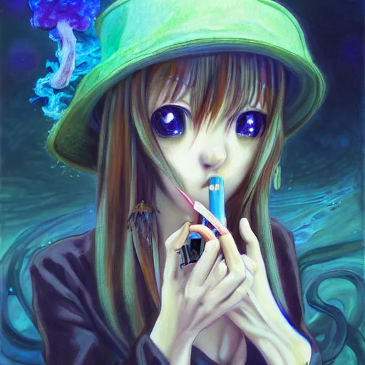 Image similar to big eyed shoggoth anime-girl smoking a cigarette hyperreality painting by amano yoshitaka, lilia alvarado 8k hd hyperdetailed deviantart shoggoth meat slime smoking a cigarette lovecraftian horror shoggoth