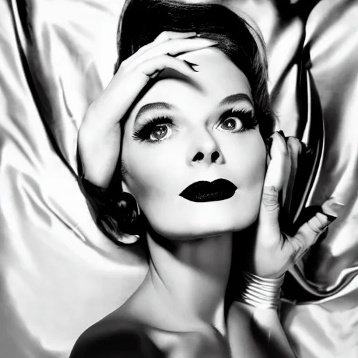 Image similar to a fashion hotel room photo portrait of a young Katherine Hepburn, full makup, smokey eye, medium shot. In the style of Helmut newton, robert maplethorpe, Stefano Brunesci, Lachlan Bailey, Herb Ritts, Ellen Von Unwerth, Haris Nukem.