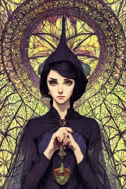 Image similar to a beautiful render of absolutely beautiful witch, gothic background, a beautiful face, perfectly shaded, atmospheric lighting, style of makoto shinkai, raphael lacoste, louis comfort tiffany, artgerm, karol bak, james jean, alphonse maria mucha