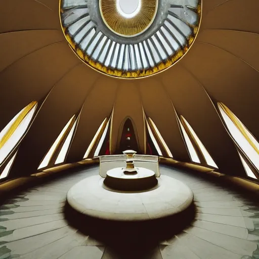 Prompt: eerie dark interior of a futuristic lotus temple with gold, red and white marble panels, shafts of sunlight in the centre, in the desert, by buckminster fuller and syd mead, intricate contemporary architecture with art nouveau motifs, photo journalism, photography, cinematic, national geographic photoshoot