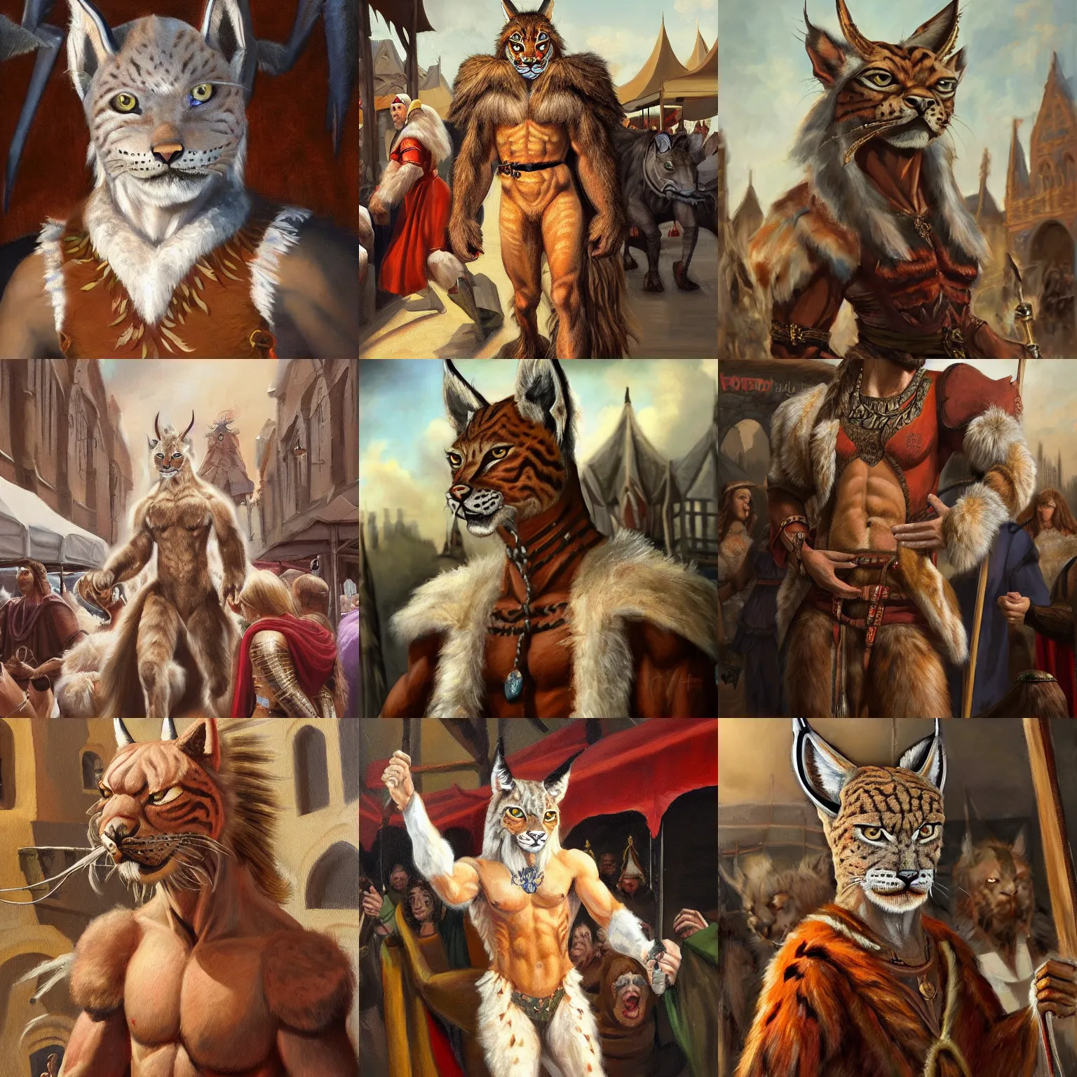 Prompt: An award winning oil painting of upper body of a cool looking muscular lynx beast-man with white mane and brown body fur at a bustle medieval market. He has long and pointy tail. He is wearing tribal clothing. Renaissance style lighting. Trending on artstation