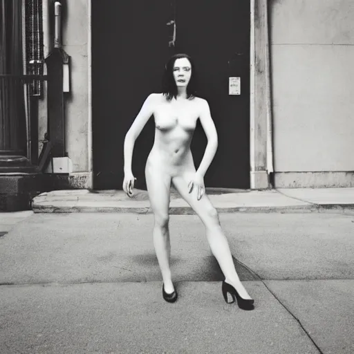 Image similar to stoya realistic expired kodak film full body portrait of an woman in street with suit on, hyperrealism, hypermaxiymalism, photorealistic, detailed, atmospheric, 8 k, award winning photography, cinematic