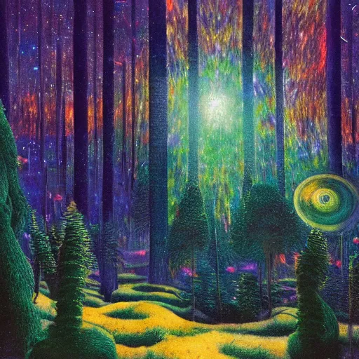 Image similar to psychedelic lush pine forest, outer space, milky way, amber eyes cat eyes designed by arnold bocklin, jules bastien - lepage, tarsila do amaral, wayne barlowe and gustave baumann, cheval michael, trending on artstation, star, sharp focus, colorful refracted sparkles and lines, soft light, 8 k 4 k