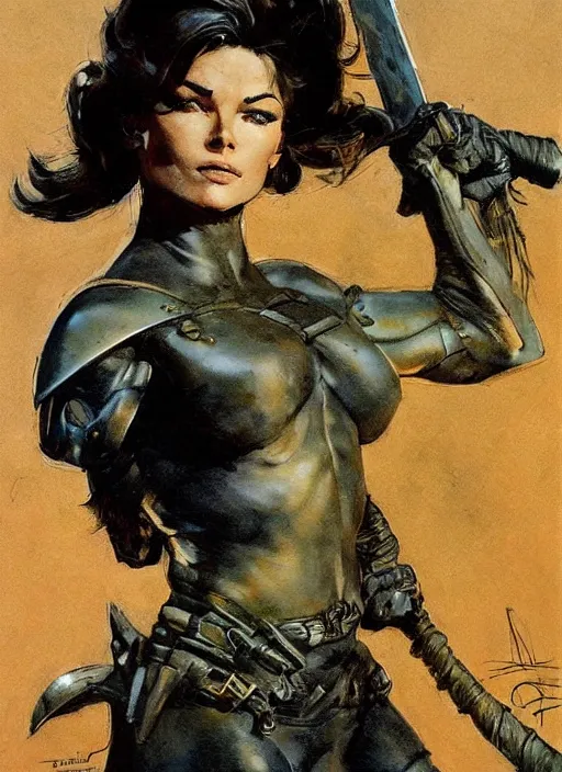 Image similar to portrait of strong female ranger, beautiful! coherent! by frank frazetta, by brom, strong line, deep color, leather armor, short buzzed hair, high contrast