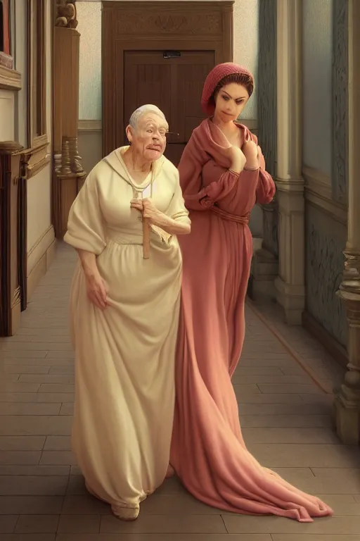 Prompt: Pete Davidson Midget Being Walked By Kim Kardashian As An Old Lady illustration, soft lighting, soft details, painting oil on canvas by Edmund Blair Leighton and Charlie Bowater octane render, HDR, trending on artstation, 4k, 8k, HD