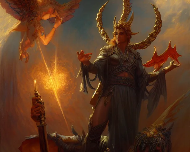 Image similar to attractive male deity, casting demonic magic, summoning handsome lucifer morning star. highly detailed painting by gaston bussiere, craig mullins, j. c. leyendecker 8 k