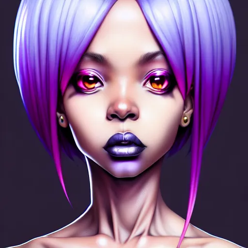 Image similar to portrait of a black anime manga girl, french bob hair, white hair, purple eyes, by artgerm, james jean, tom bagshaw, gerald brom, vaporwave colors, lofi colors, vaporwave, lofi, goth vibe, 4 k, smooth, hd, substance designer render, full body character concept art, symmetrical, 2 point lighting,