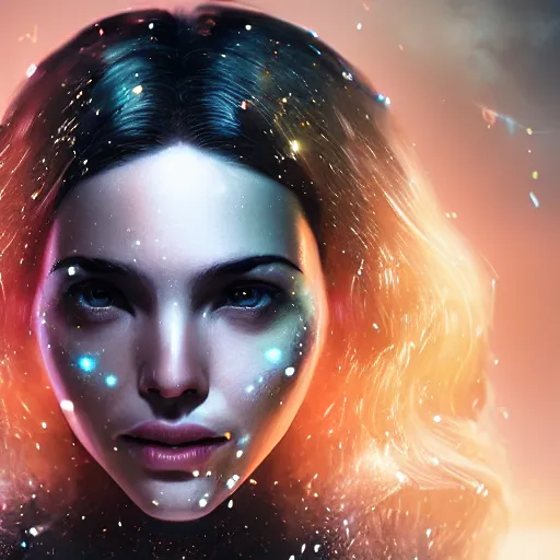 Image similar to woman portrait made out of galaxies, beautiful, cyborg, cinematic, comic book art, realistic, highly detailed, octane render, unreal engine