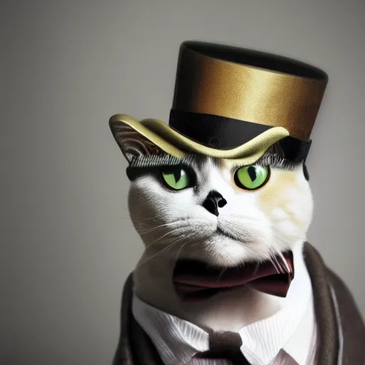 Image similar to a cat wearing a top hat and a bow tie, a stock photo by René Magritte, shutterstock contest winner, pop surrealism, steampunk, surrealist, handsome