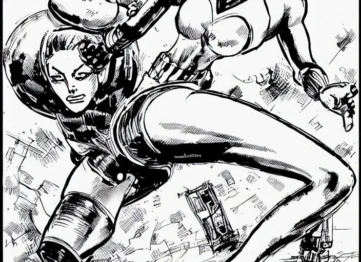 Image similar to comic panel of a dynamically posed beautiful!! riot grrl female superhero in short shorts, fighting an alien robot, by cory walker and ryan ottley and jack kirby and barry windsor - smith and norman rockwel and frank frazetta, concept art, smooth, sharp focus, comic, illustration, photo real