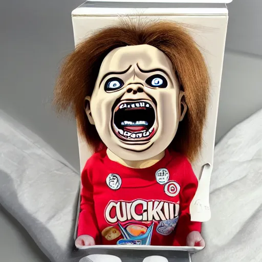 Image similar to screaming chucky doll ice cream box logo