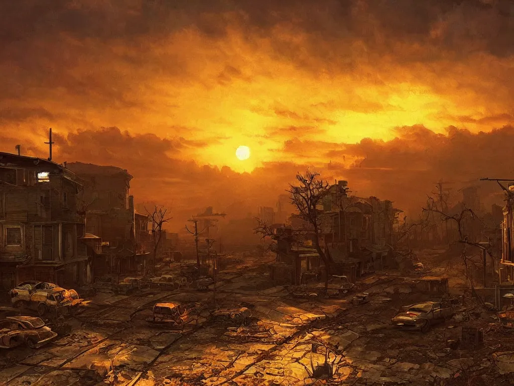 Image similar to a post apocalyptic small town after a nuclear war, beautiful radioactive sunset lighting, beautiful painting, fallout video game, painted by albert bierstadt