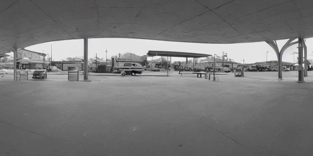 Image similar to port byron travel plaze bus station, leica, 2 4 mm lens, cinematic screenshot from the 2 0 0 1 surrealist film directed by charlie kaufman, kodak color film stock, f / 2 2, 2 4 mm wide angle anamorphic