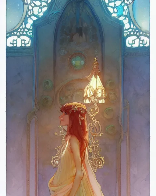 Image similar to secret romance, highly detailed, gold filigree, romantic storybook fantasy, soft cinematic lighting, award, disney concept art watercolor illustration by mandy jurgens and alphonse mucha and alena aenami, pastel color palette, featured on artstation