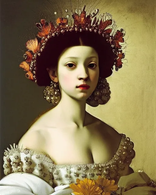 Prompt: baroque hibiscus queen, beauty portrait, intricate background, tiara, petals, detailed oil painting by caravaggio, johannes vermeer, karl spitzweg, alexi zaitsev, elegant, intricate, masterpiece