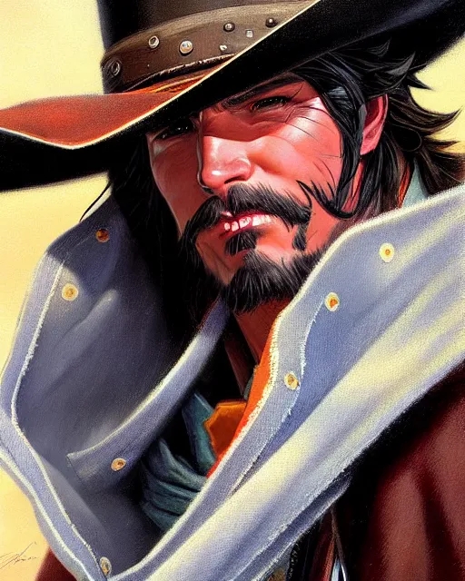 Image similar to mccree from overwatch, in a torn poncho, windy, character portrait, portrait, close up, highly detailed, intricate detail, amazing detail, sharp focus, vintage fantasy art, vintage sci - fi art, radiant light, caustics, by boris vallejo