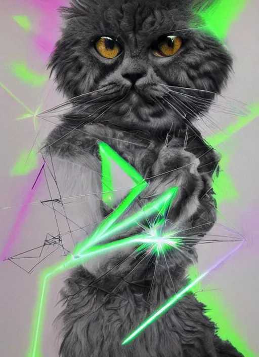 Image similar to futuristic laser beams tracing, laser cat, selkirk rex longhair, by steven meisel, kaws, rolf armstrong, mondrian, kandinsky, perfect geometry abstract acrylic, octane hyperrealism photorealistic airbrush collage painting, dark monochrome, fluorescent colors, minimalist rule of thirds, eighties eros
