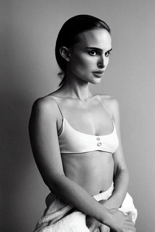 Prompt: 23 year old natalie portman making stupid faces, dressed like a clown from the 40s, loose messy hair , thoughtful eyes, wearing a thin white skimpy cotton camisole, pale skin, poised beautiful body, symmetrical face, zen aesthetic, interior design, amber and blue color scheme, sophisticated, pensive, contemplation, meditation, aloof, ethereal, realistic painting