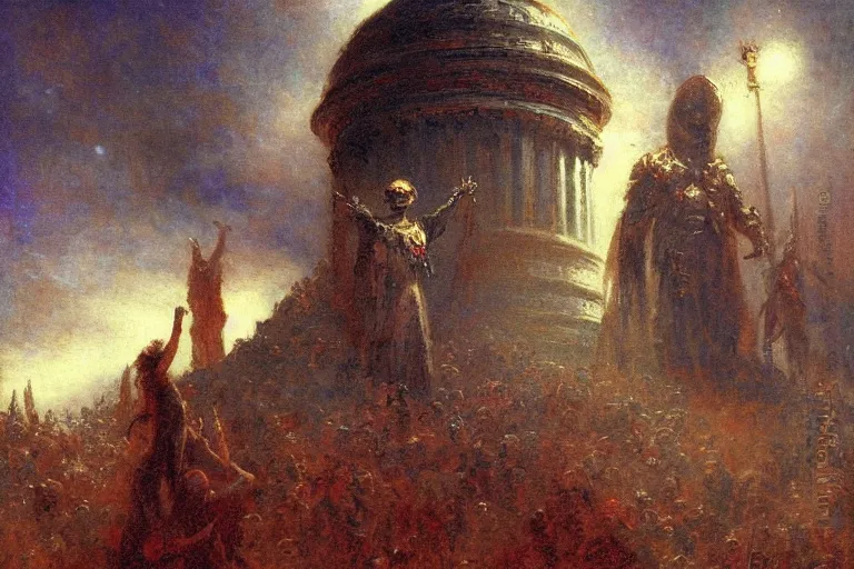 Image similar to illustration of a black dome on a stage. a malevolent man stands on top of the dome grandstanding. art by gaston bussiere.