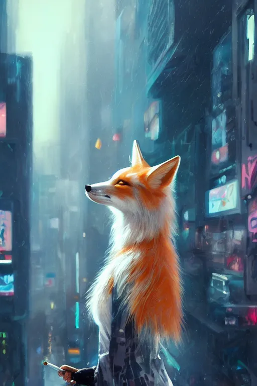 Image similar to beautiful portrait of a tall white female anthro fox smoking a cigarette towering head and shoulders above the bustling crowd of a rainy city street around her, cyberpunk, harsh neon lights, highly detailed, sharp focus, digital painting, illustration, trending on artstation, art by sakimichan, wlop, greg rutkowski