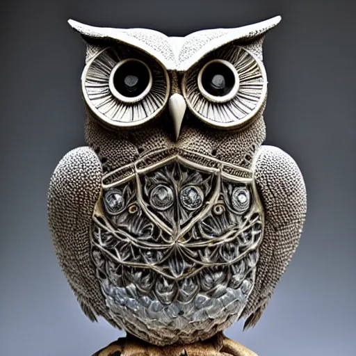 Prompt: symmetrical detailed sculpture of an owl, made of Mineral Oil Gasoline