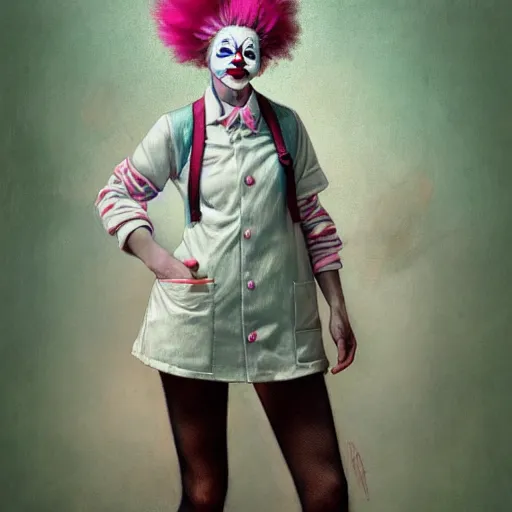 Image similar to clowncore pastel punk young hospital nurse wearing stylish uniform. detailed, portrait, 8 k, artwork by jean - baptiste monge