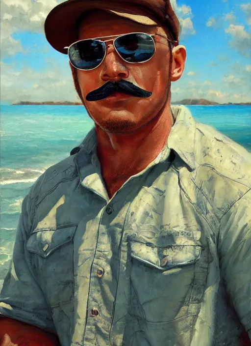 Prompt: painting of a stocky young man with toned muscles wearing aviator glasses and a baseball hat, with dense brown stubble and a moustache, wearing a Hawaiian shirt, by Jeremy Mann, stylized, detailed, realistic, warm tones, summer vibes, glistening skin, loose brush strokes