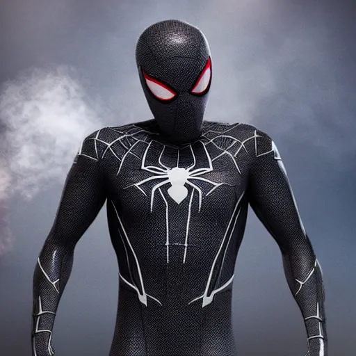 Prompt: black spider - man suit with white web lining, cinematic, volumetric lighting, realistic, hyperdetailed, photorealistic, photograph