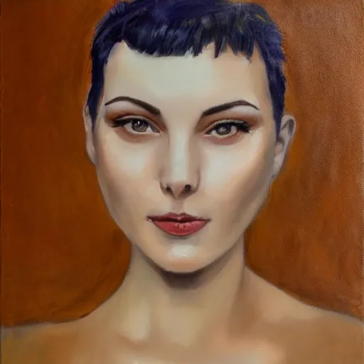 Image similar to beautiful woman with short blue hair, big brown eyes, wearing a brown sweater, oil painting