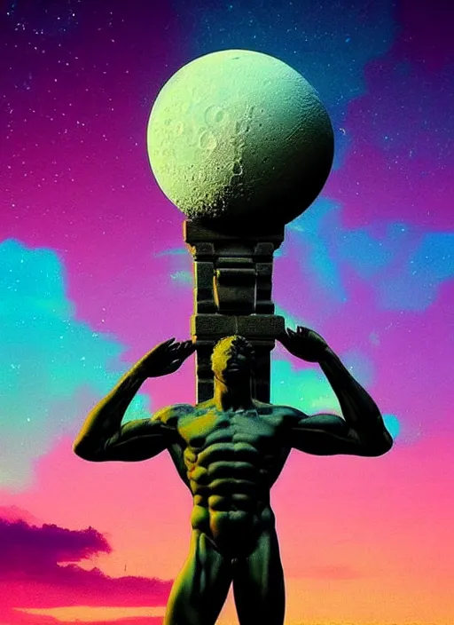 Image similar to statue of atlas, moon in the background, beeple, vaporwave, retrowave, black background, neon wiring, black, glitch, strong contrast, cuts, pinterest, trending on artstation