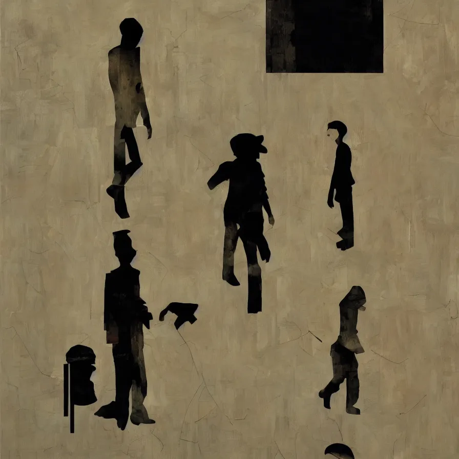 Prompt: artistic silhouette in a room, collage acrylic, paper, wood, gouache on canvas, dadaism, high resolution, breathtaking detailed, by tim eitel