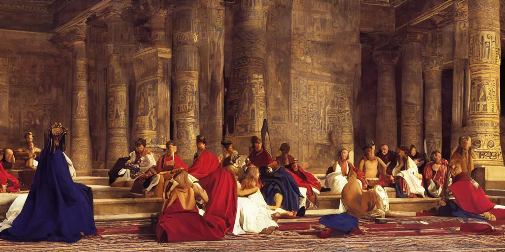 Image similar to beautiful oil matte portrait painting, ancient senators in royal crimson robes sit in tribunes of an egyptian blue palace hall, art by anders zorn, highly detailed, beautiful cinematic light deep focus, elegant, digital painting, smooth, sharp focus, golden ratio, dramatic illumination, art by artemisia lomi gentileschi and caravaggio