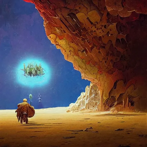 Prompt: A fresco painting of a nomadic wanderer traversing a corrupted futuristic crystal desert by Jacek Yurka, Kelly Freas, Filip Hodas, Paul Lehr, Dan Mumford, Max Ernst, Roger Dean, Caspar David Friedrich