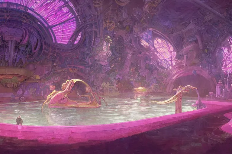 Prompt: concept digital art highly detailed alien art deco cybertronian lazy river inside of the palace of the primes with glowing pink water at night by greg rutkowski, ilya repin, alphonse mucha, and edmund blair leighton. very highly detailed 8 k, digital painting in style of hiromasa ogura ghost in the shell, the golden ratio, rational painting