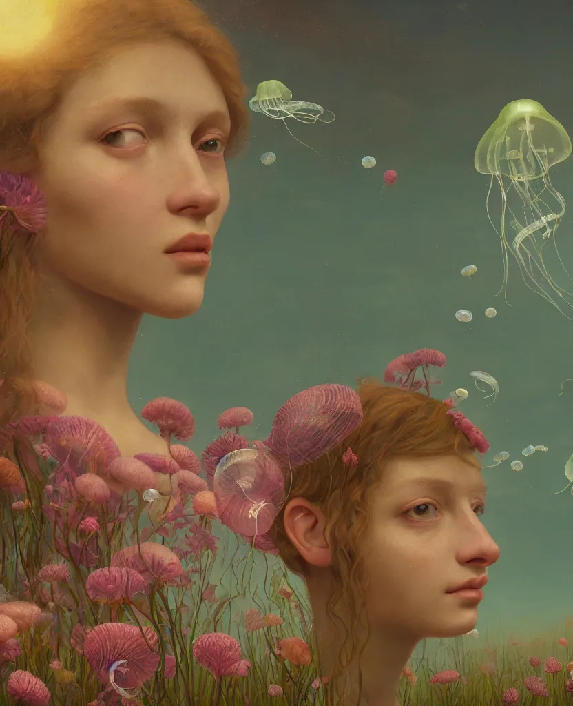 Prompt: neoclassicist renaissance close - up portrait, a girl in a in field of flowers, translucent jellyfish flying around, surreal photography, sunrise, impressionist painting, artstation, simon stalenhag