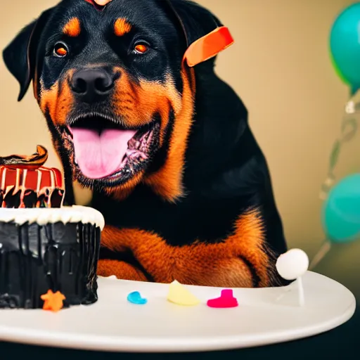 Prompt: a high - quality photo of a cute rottweiler with a birthday cake, 4 5 mm, f 3. 5, sharpened, iso 2 0 0, raw, food photography