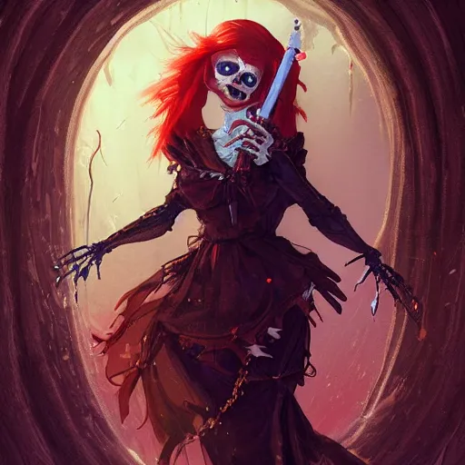 Image similar to cute & beautiful smug smiling undead skeleton girl with red hair dressed as a witch, elegant, digital art, fantasy, pixar style, painting, pin up, highly detailed, artstation, art by artgerm, vrubel, greg rutkowski, ilya kuvshinov, raymond swanland