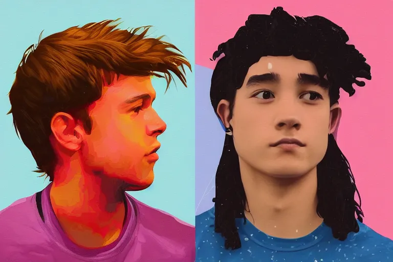 Prompt: a profile painting of a typical millennial and a typical gen z at 2 1 years old, in the style of an original beeple digital art painting, two panel, the millennial is on the right side of the painting