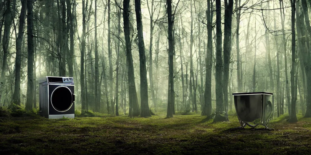 Prompt: futuristic washing machine in a timber forest, spring, cinematic lighting, shot on arri alexa