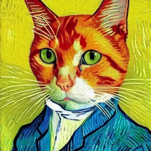 Image similar to a portrait of a ginger orange cat, wearing a light blue suit, by Vincent Van Gogh
