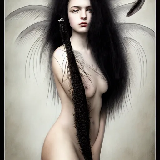 Prompt: highly detailed ilustration of a beautiful cute girl with feathers, endless black hair, with pale skin, by nicola samuri, by dino valls, by m. w. kaluta, rule of thirds, seductive look, 4 k resolution